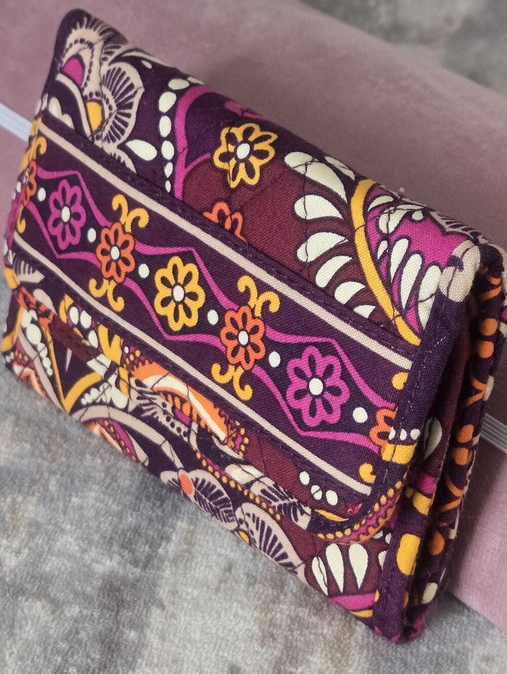 Vera Bradley Purple Floral Quilted Trifold Wallet with Pink & Orange Accents